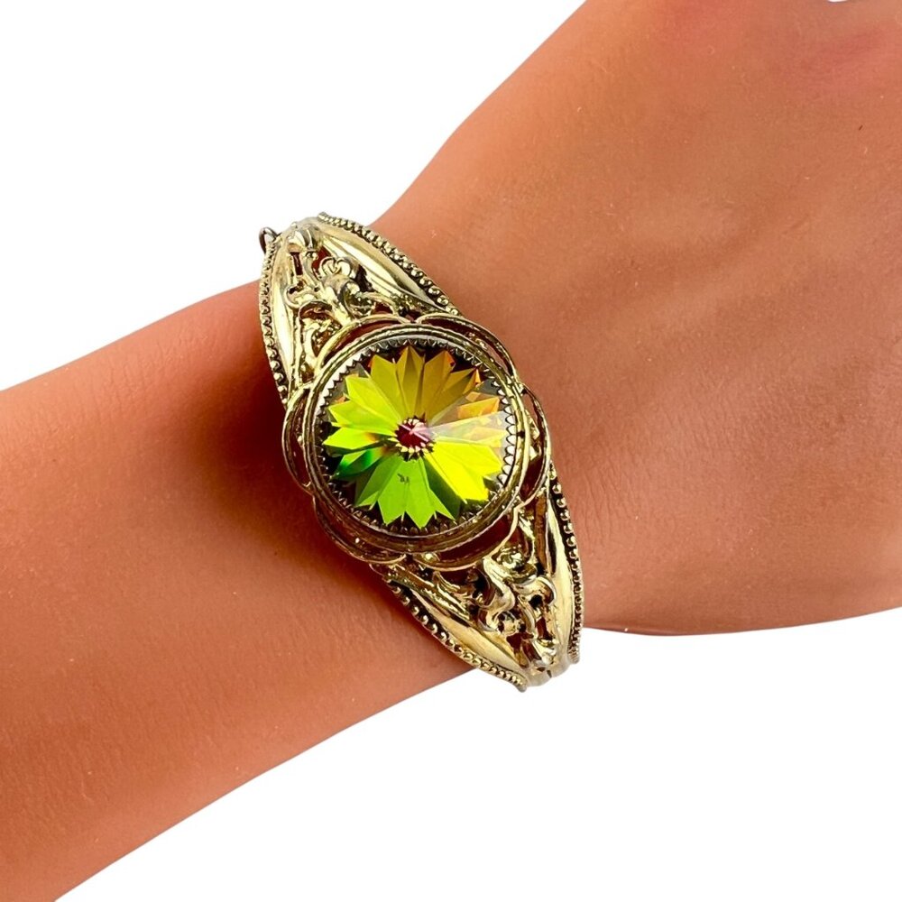 Vintage Victorian Revival Watermelon Rivoli Gold Tone Floral Bangle Bracelet